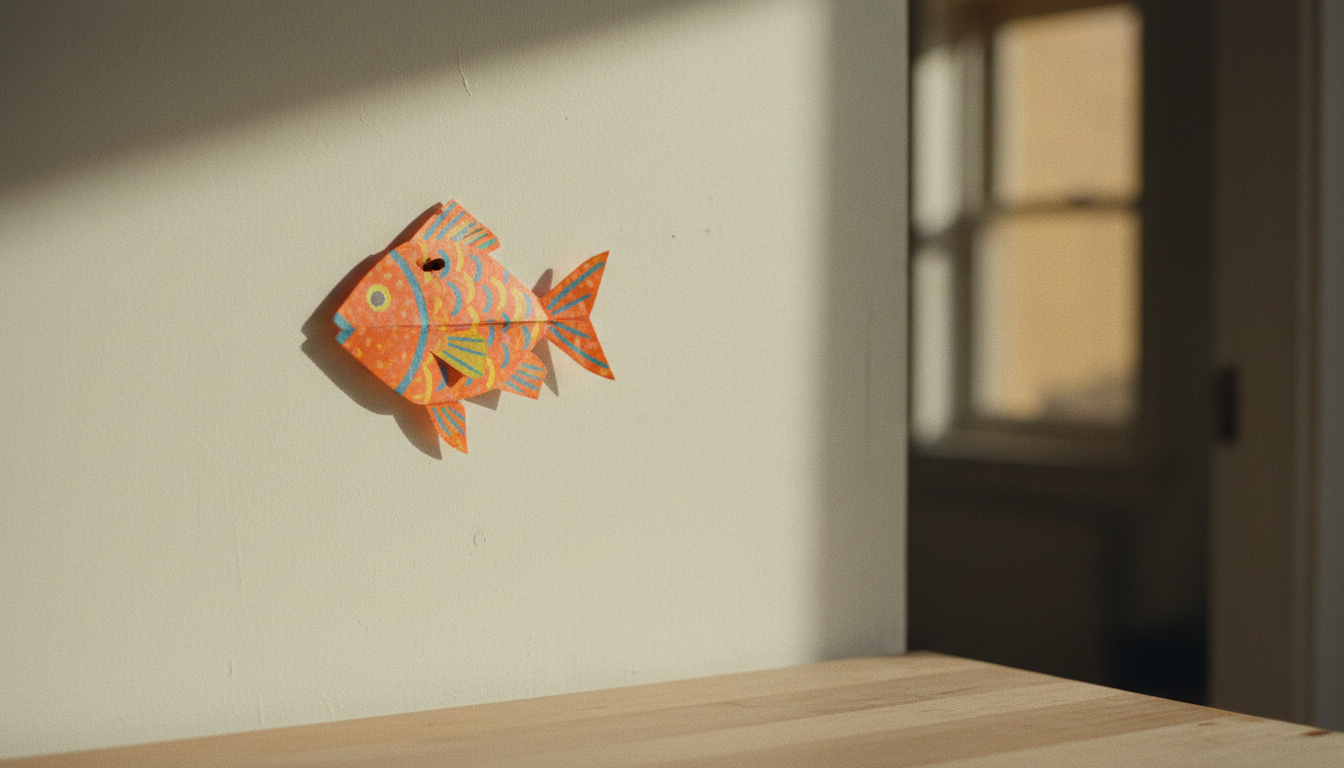 A paper fish cut from bright paper and pinned