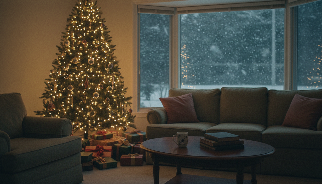 An American living room on Christmas Eve: a lit
