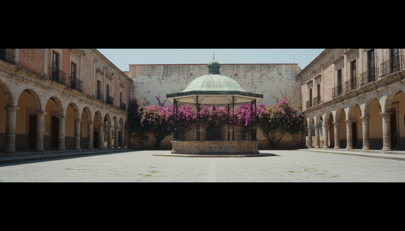 A plaza in Puebla in May: arcaded stone fronts