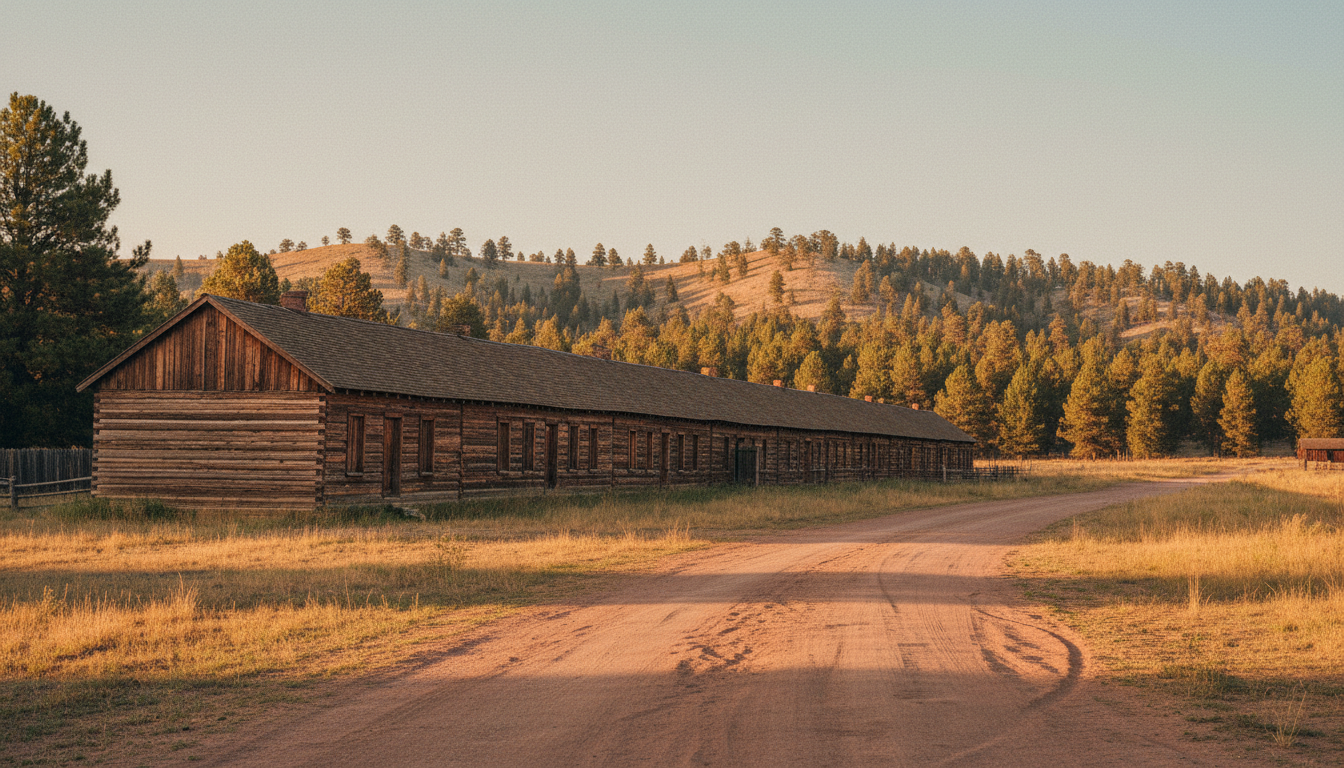 Fort Robinson in September: a pine ridge behind a