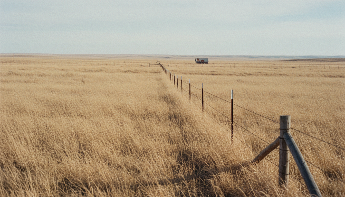A prairie divided by a wire fence running to
