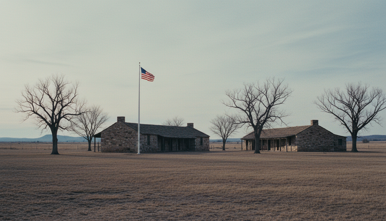 Fort Sill in Oklahoma in February: low stone buildings