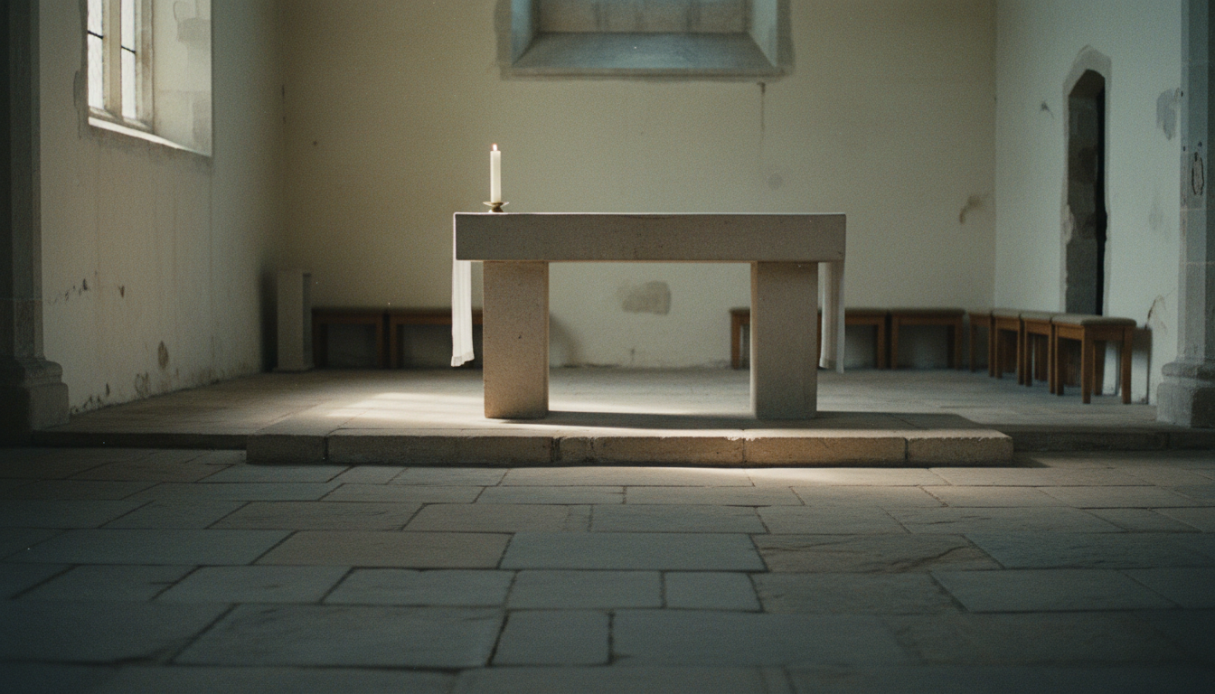 A plain church interior on a spring afternoon: bare