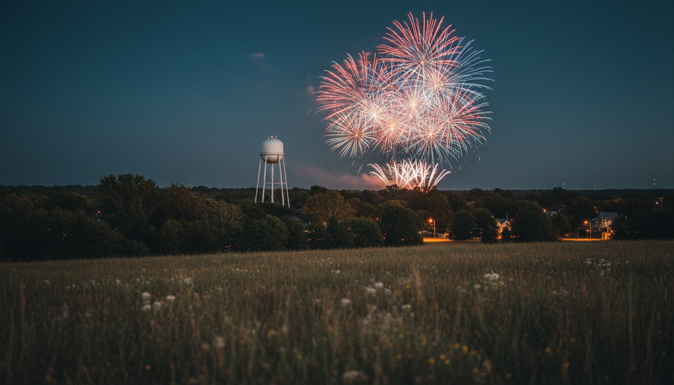 Fireworks over a small American town on the fourth