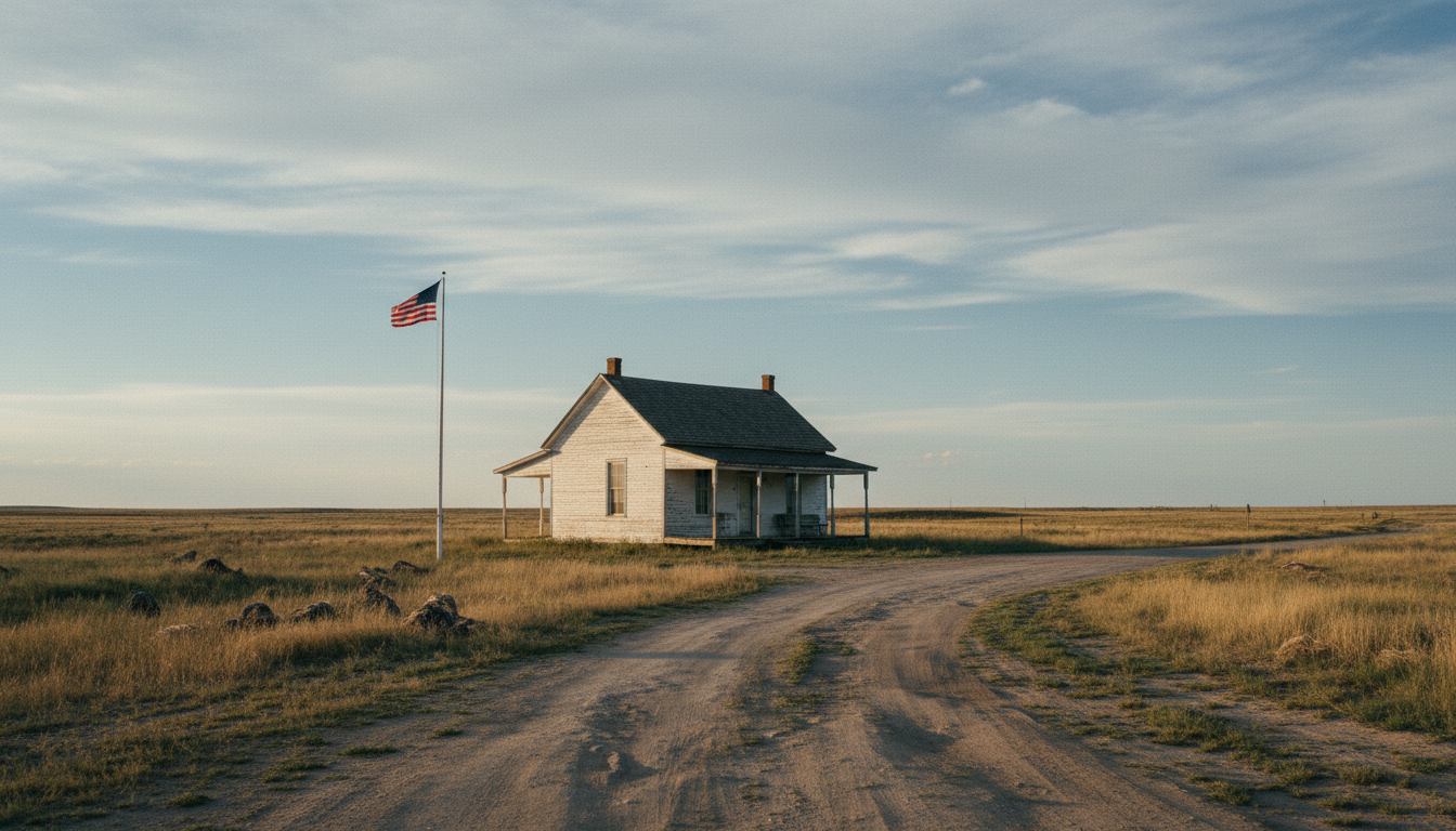 A prairie agency building in June: white clapboard, a