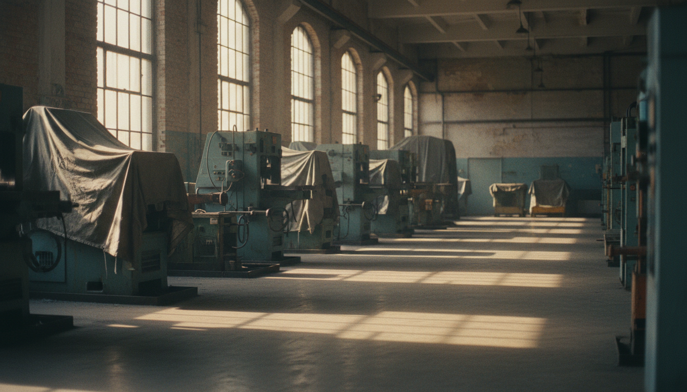 An empty factory floor in September: morning light through