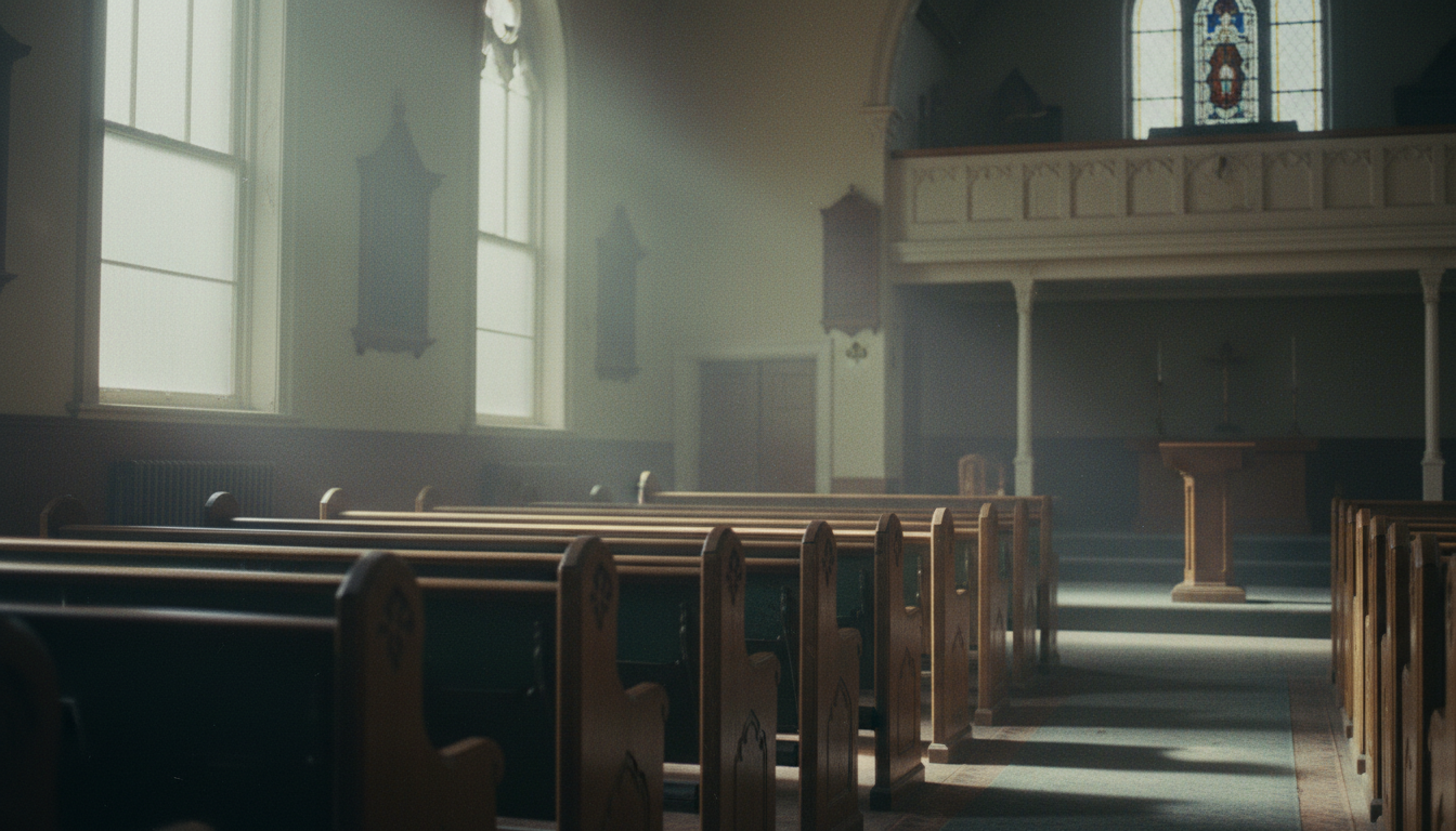 An American church interior in January: empty wooden pews