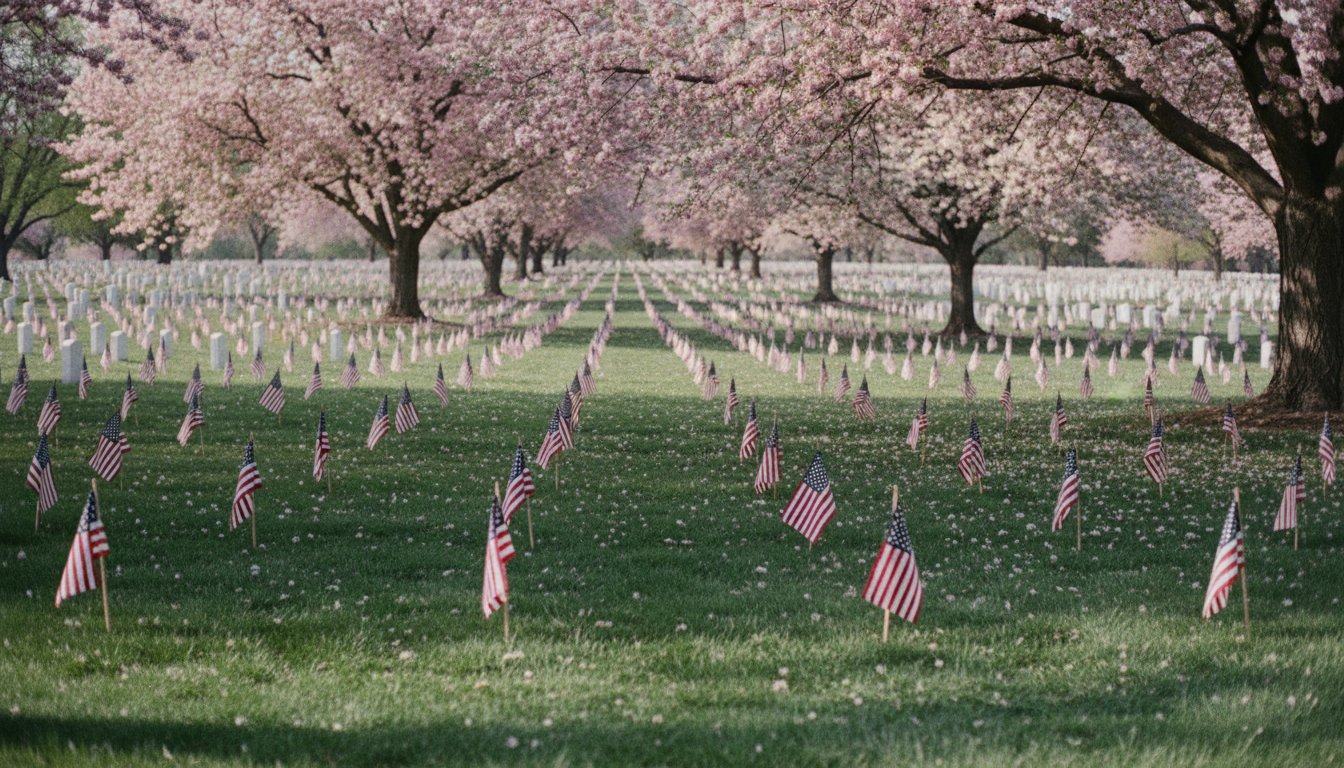 An American cemetery lawn in late May: rows of