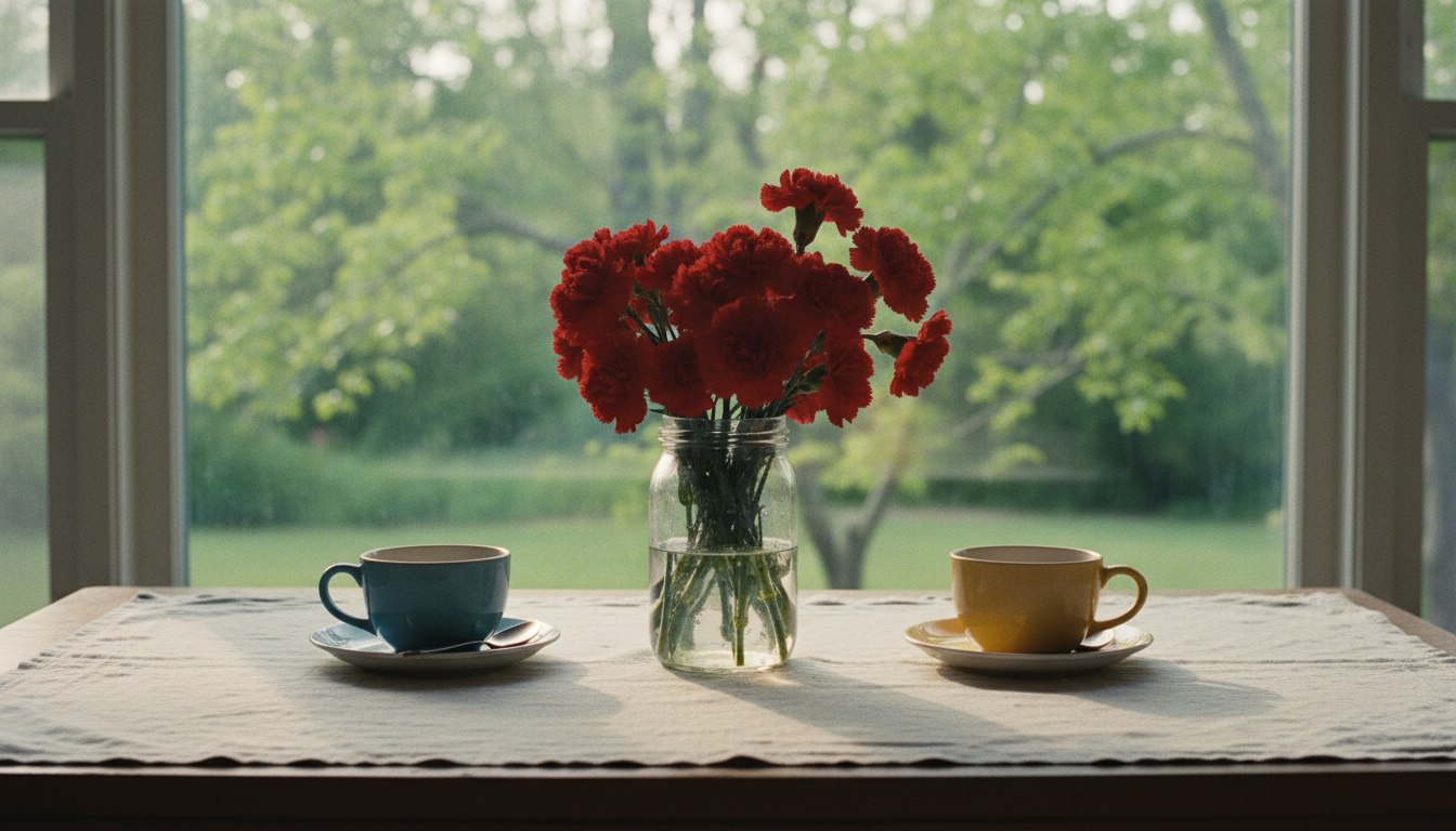A jar of red carnations on an American kitchen