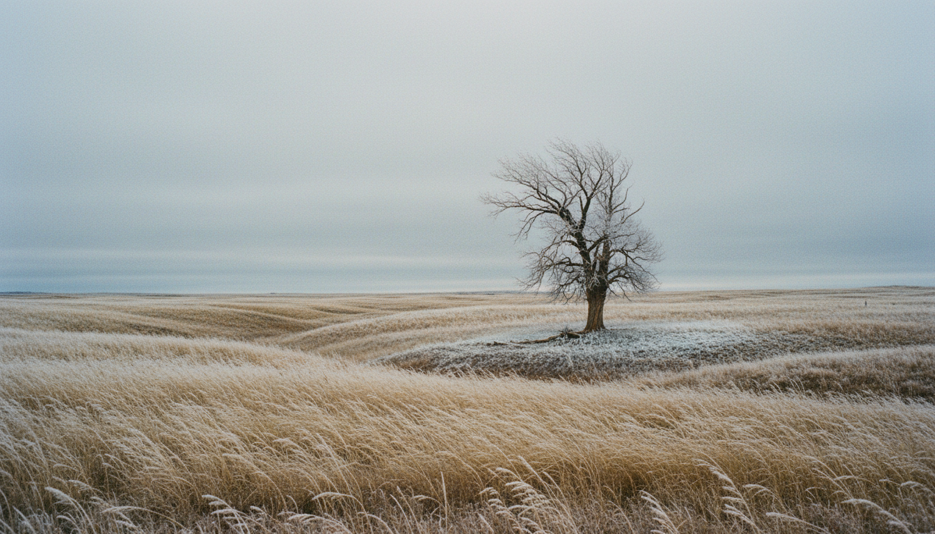 A prairie in late November: dry grass bending in