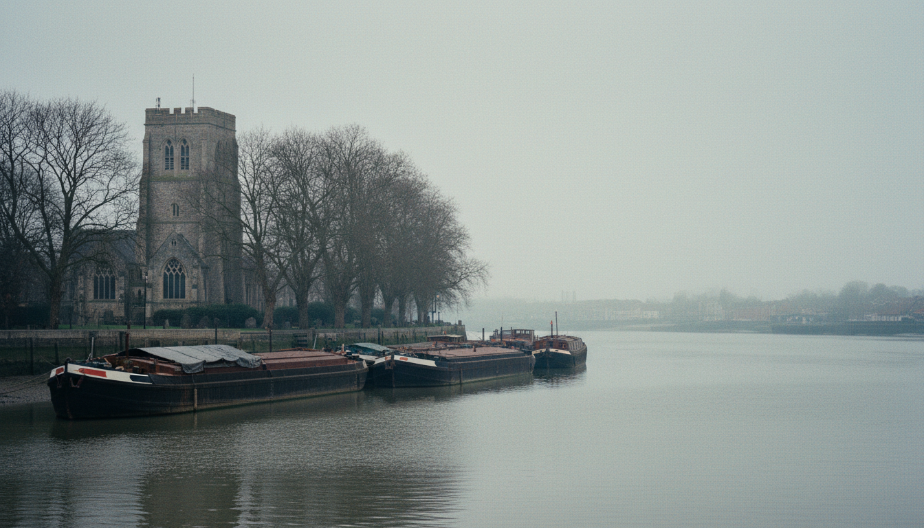 The Thames at Gravesend in March: grey water, moored