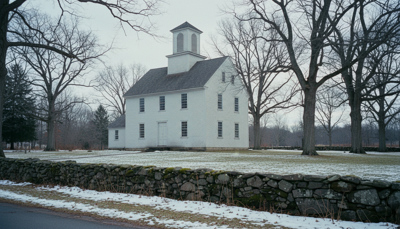 An American colonial meeting house in February: white clapboard