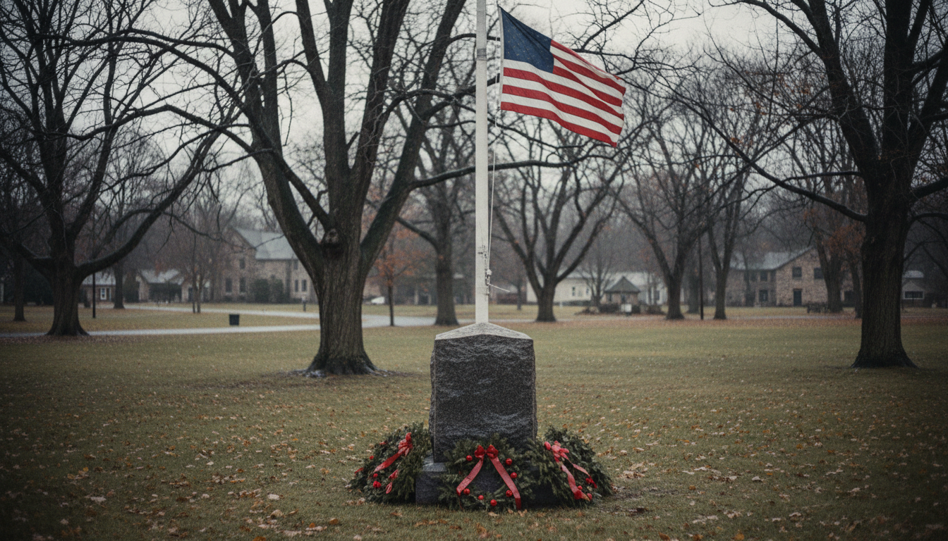 An American small-town memorial green in November: a flagpole